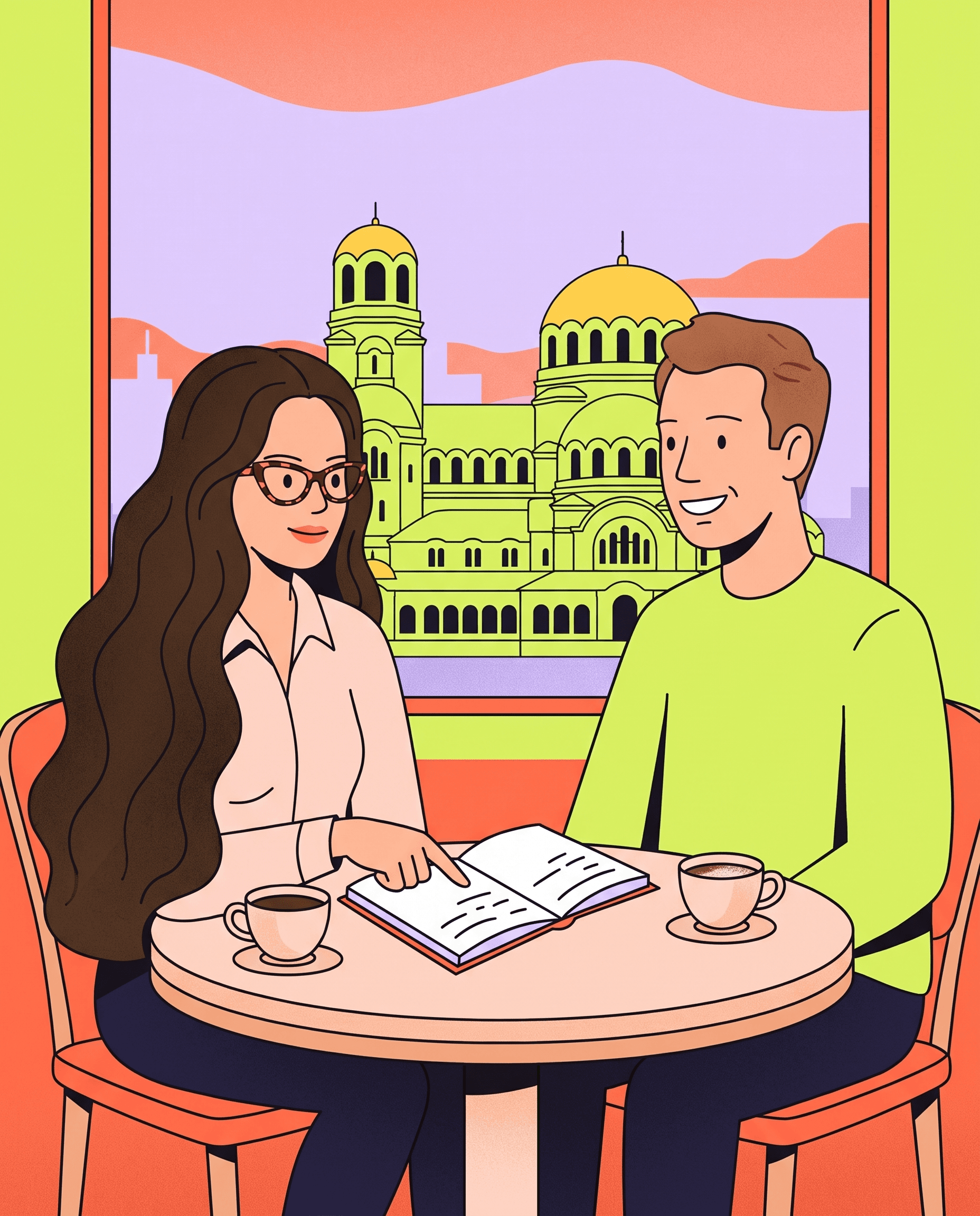 Stephanie teaching Bulgarian in a Sofia cafe